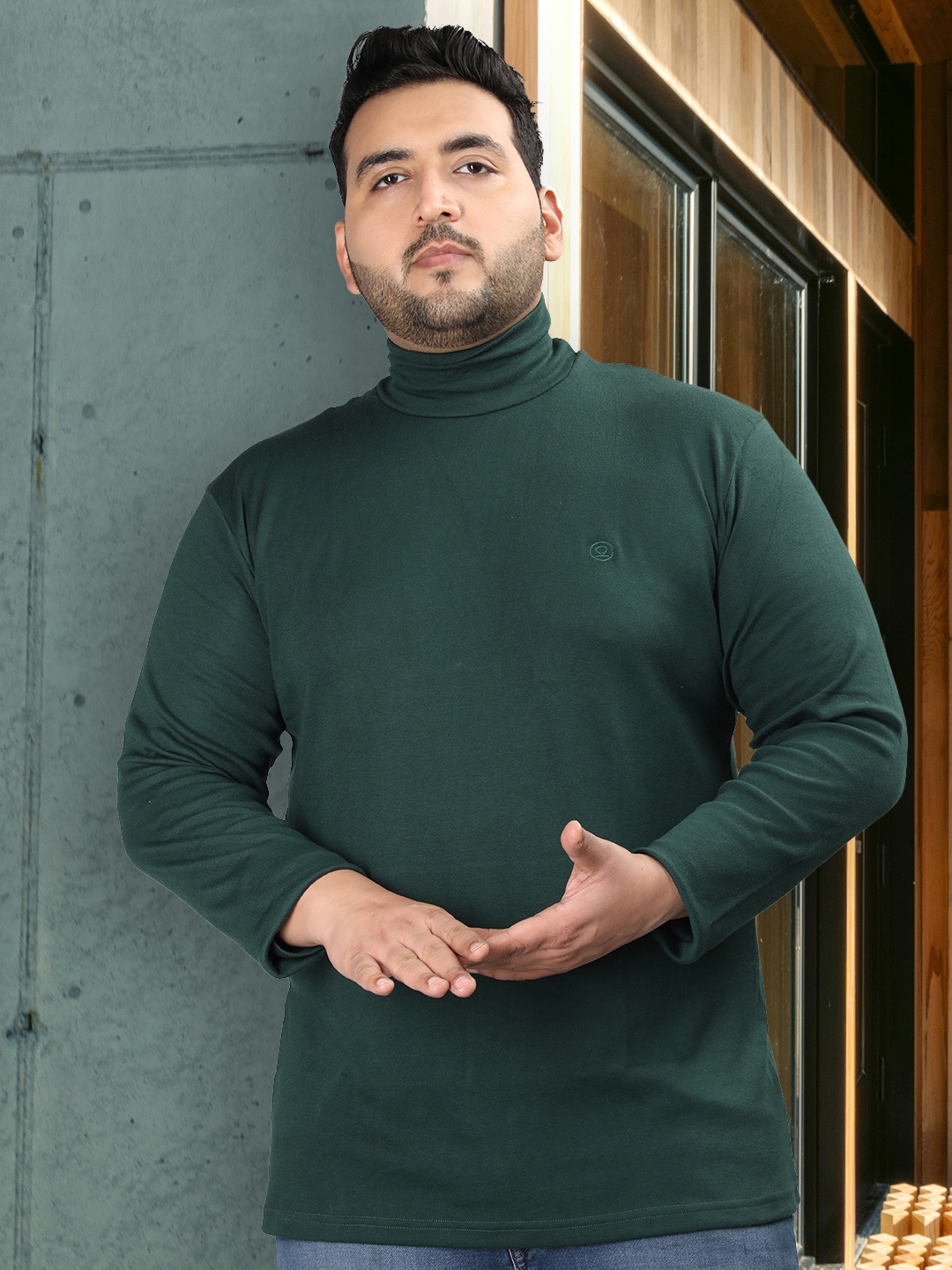 CHKOKKO Plus Size High Neck Cotton T-shirt, Green
