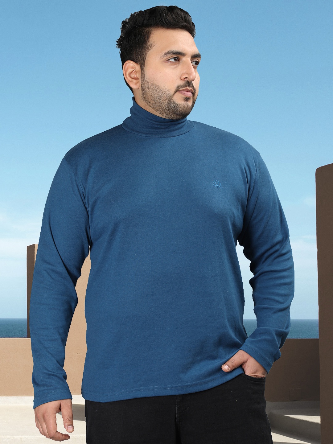 CHKOKKO Plus Size High Neck Cotton T-shirt, Blue