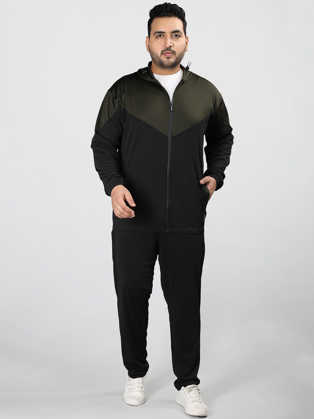 

CHKOKKO Plus Size Colourblocked Hooded Long Sleeves Sports Tracksuit, Black