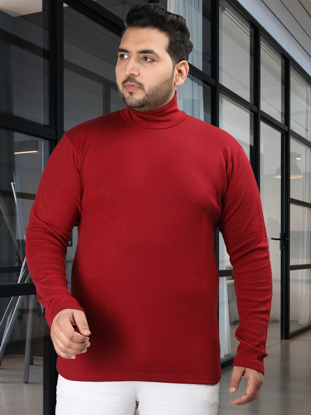 

CHKOKKO Plus Size High Neck Cotton T-shirt, Maroon