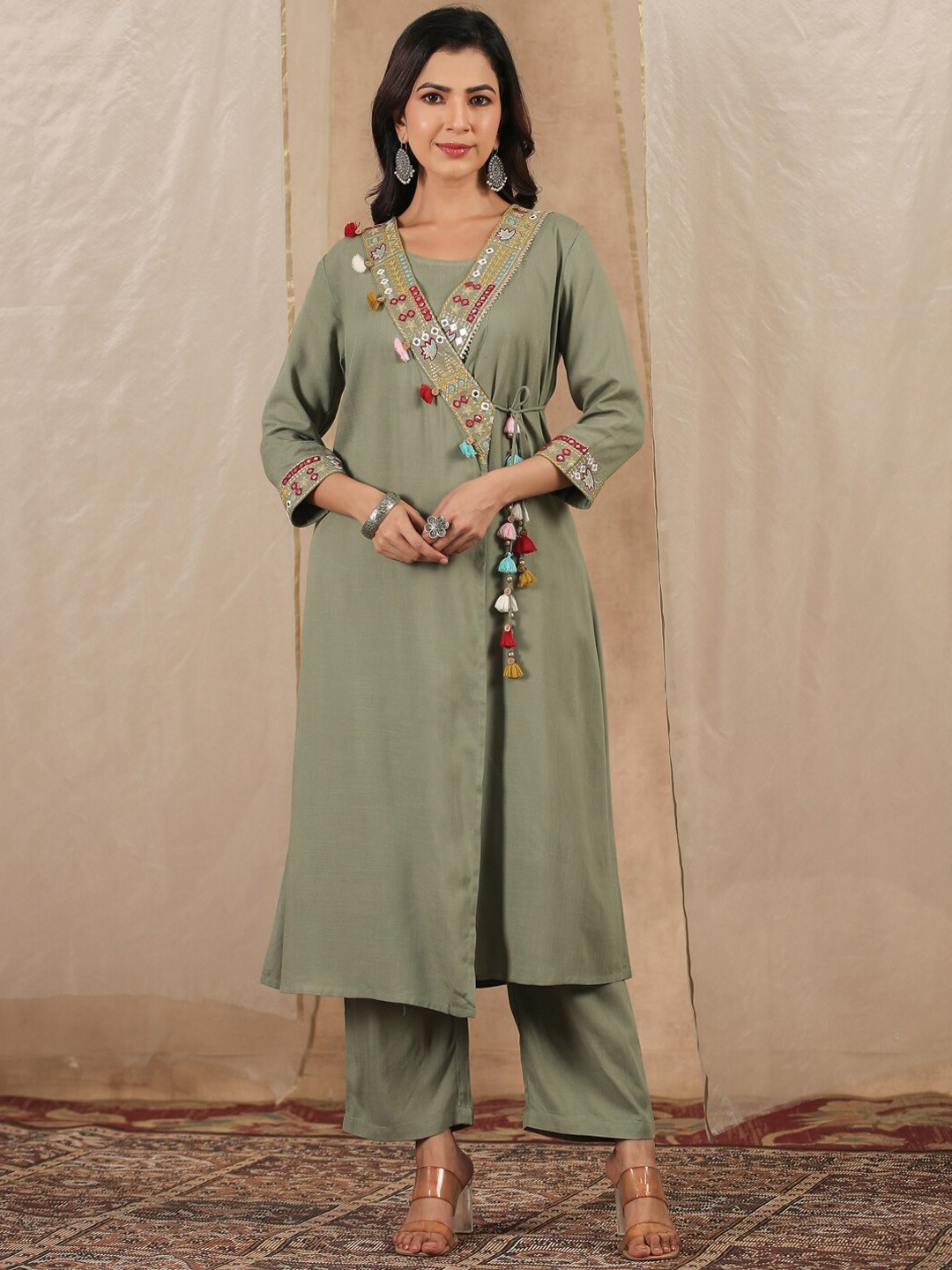 

RangDeep Ethnic Motifs Yoke Design Mirror Work Angrakha A-Line Kurta with Trousers, Green