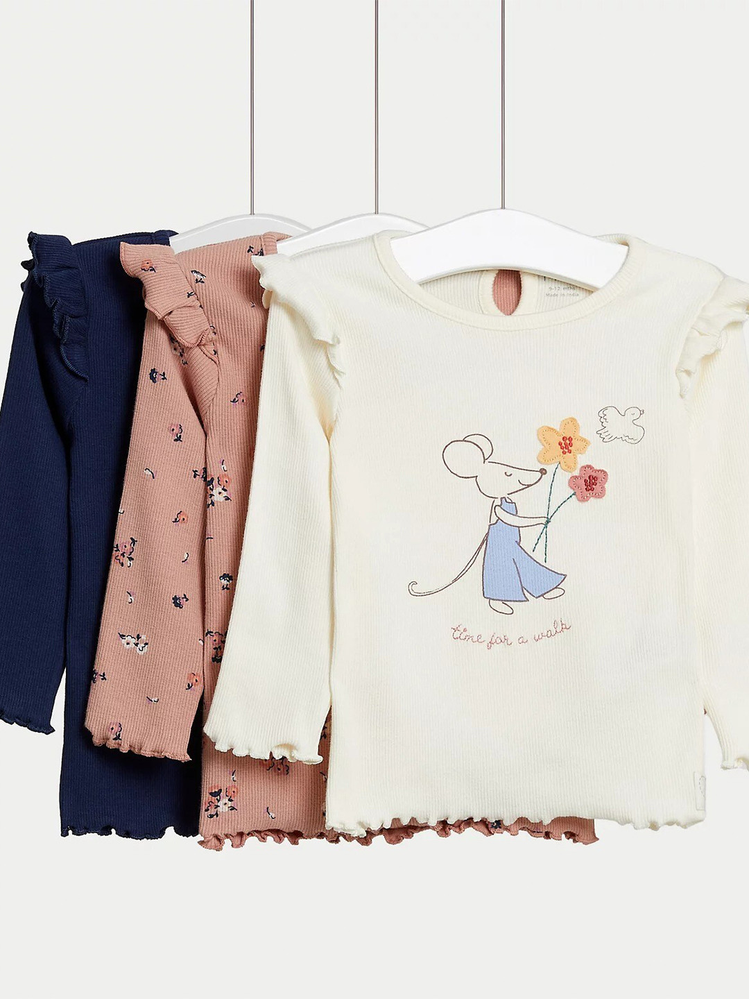 

Marks & Spencer Infants Girls Pack Of 3 Graphic Printed Ruffled Tops, White