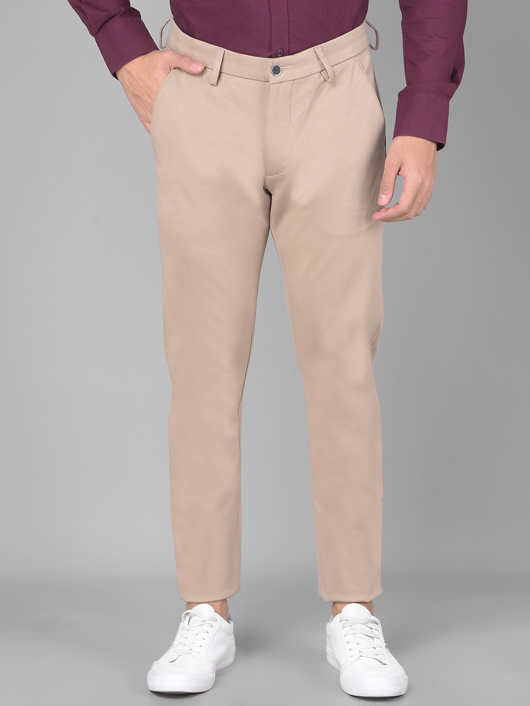 

Crimsoune Club Men Mid-Rise Plain Slim Fit Trousers, Beige