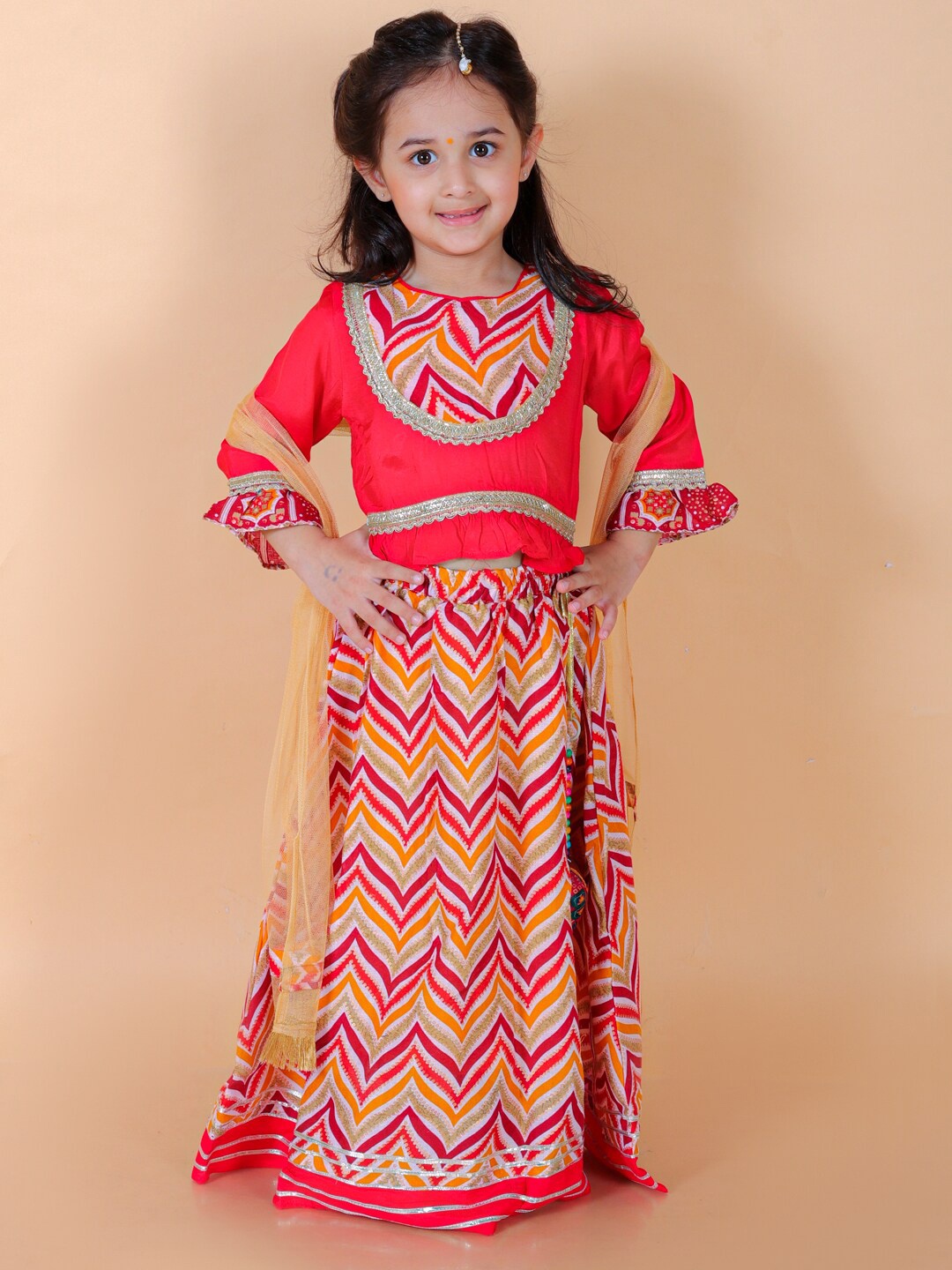 

BAESD Girls Red & Yellow Girls Leheriya Foil Printed Ready to Wear Lehenga Choli
