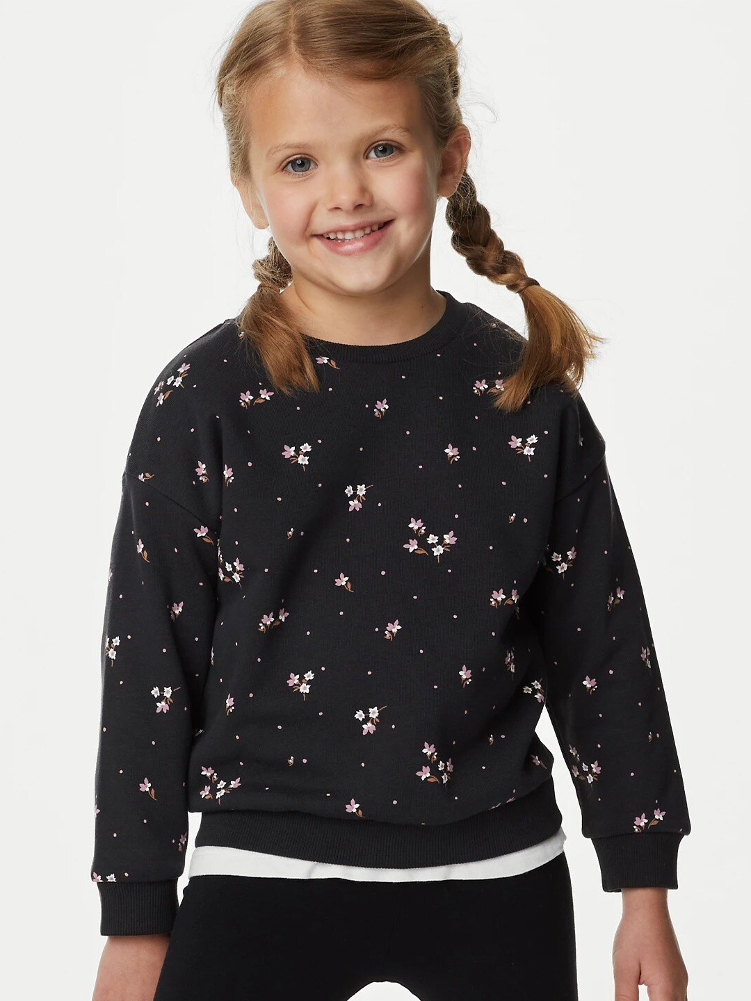 

Marks & Spencer Girls Floral Printed Round Neck Pullover Sweatshirt, Black