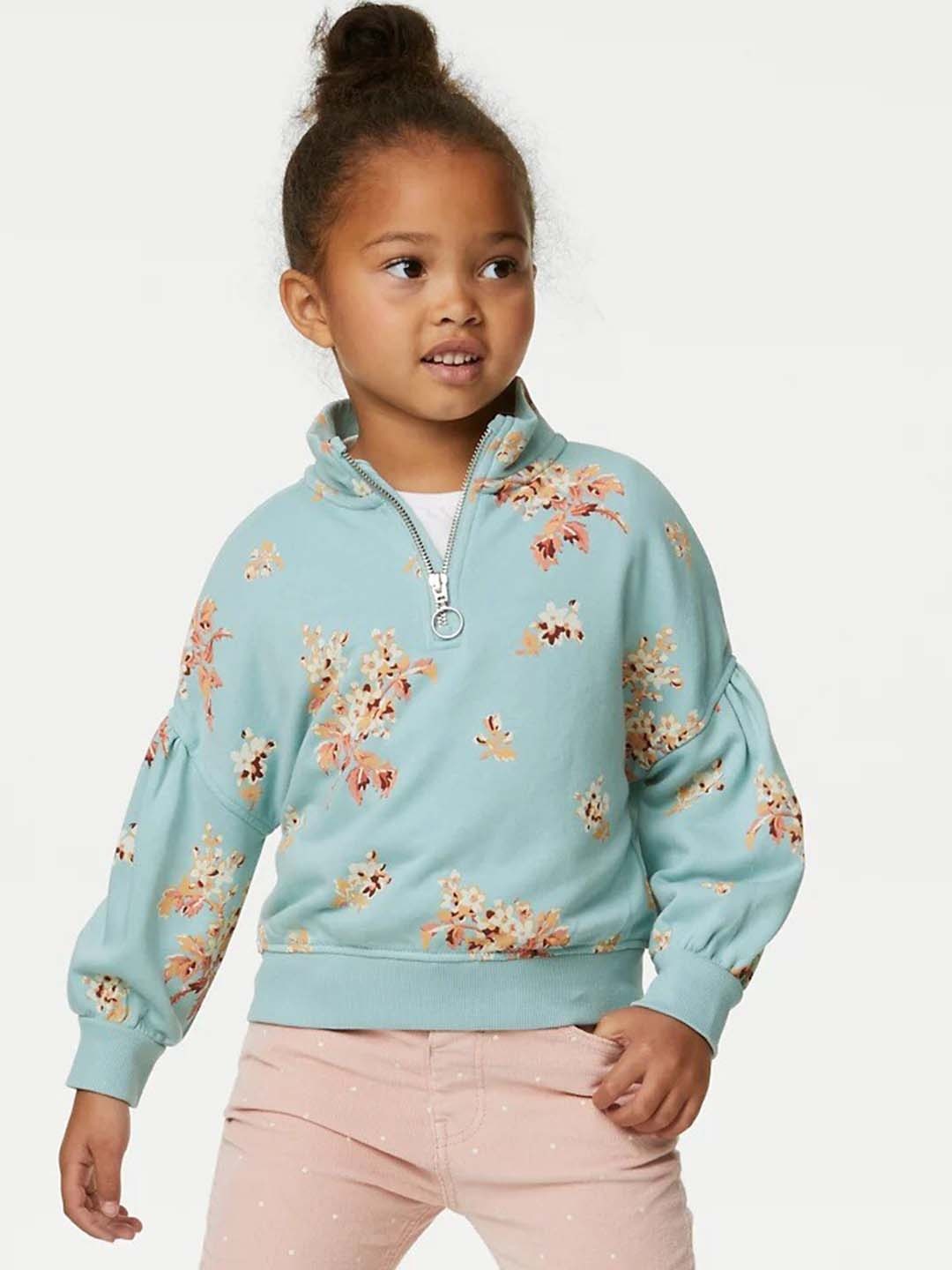 

Marks & Spencer Girls Floral Printed Mock Collar Half Zipper Pullover Sweatshirt, Blue
