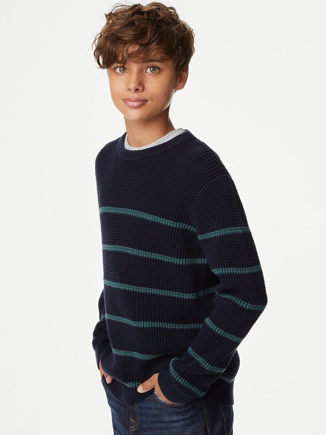 

Marks & Spencer Boys Striped Pure Cotton Pullover Sweater, Navy blue