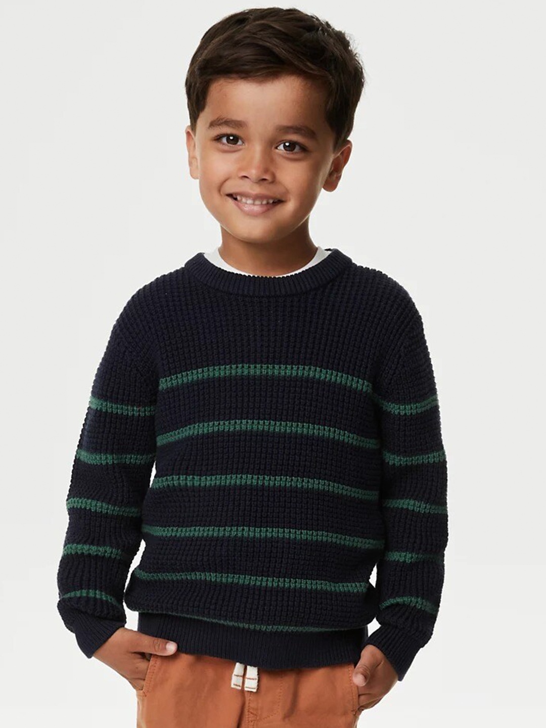 

Marks & Spencer Boys Striped Round Neck Pure Cotton Pullover, Navy blue