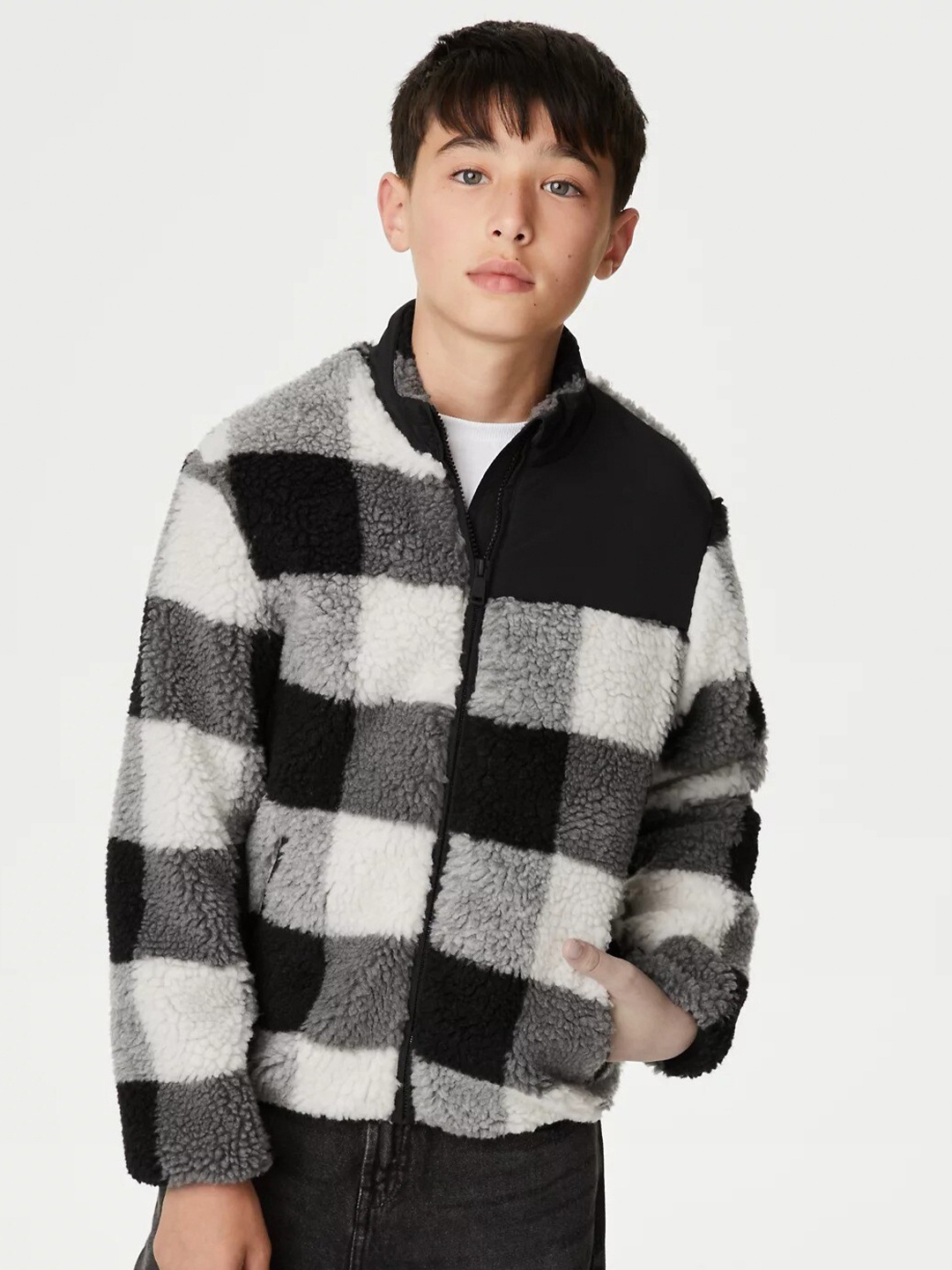 

Marks & Spencer Boys Checked Mock Collar Cardigan Sweater, Black