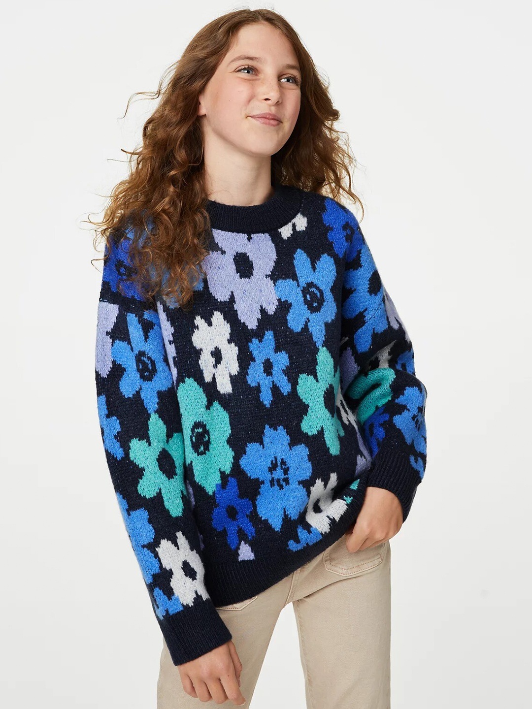 

Marks & Spencer Girls Floral Printed Pullover Sweater, Blue
