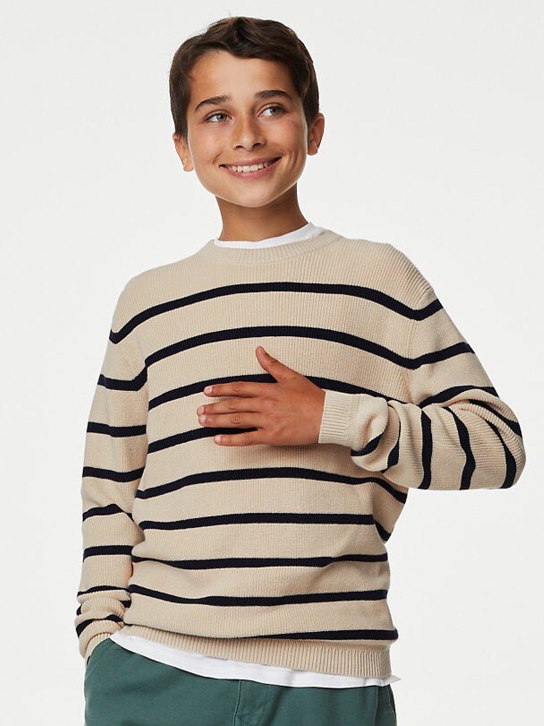 

Marks & Spencer Boys Striped Pure Cotton Pullover Sweater, Beige