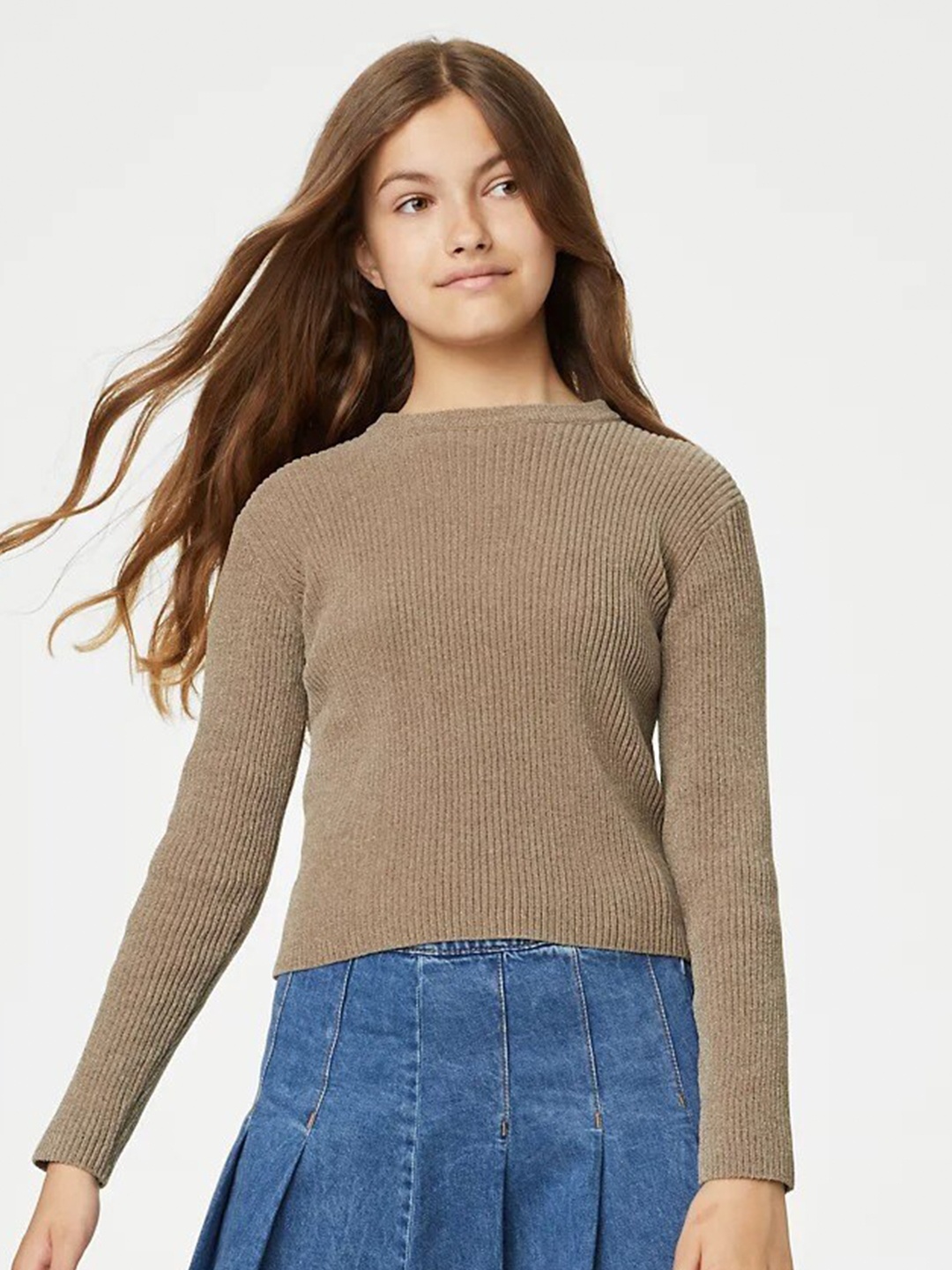 

Marks & Spencer Girls Ribbed Round Neck Pullover Sweater, Camel brown