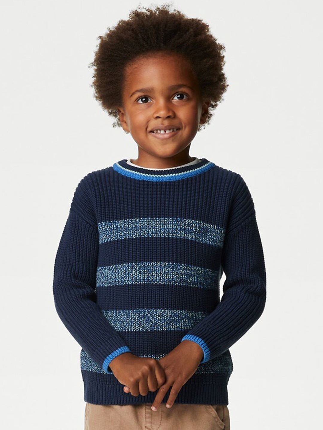 

Marks & Spencer Boys Striped Pure Cotton Pullover Sweater, Navy blue