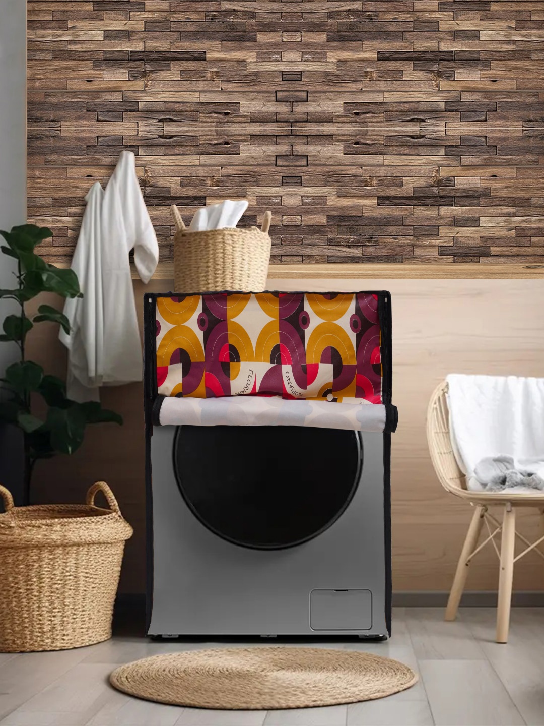 

DREAM CARE Cream-Coloured & Purple Printed Washing Machine Cover