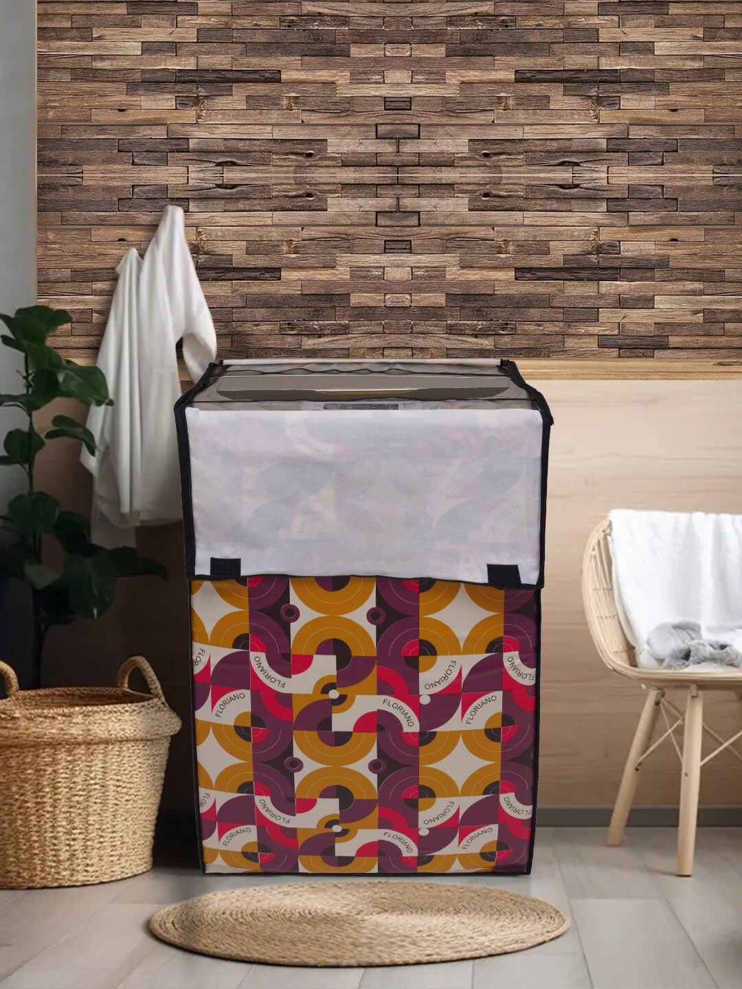 

DREAM CARE Cream-Coloured & Purple Printed Washing Machine Cover