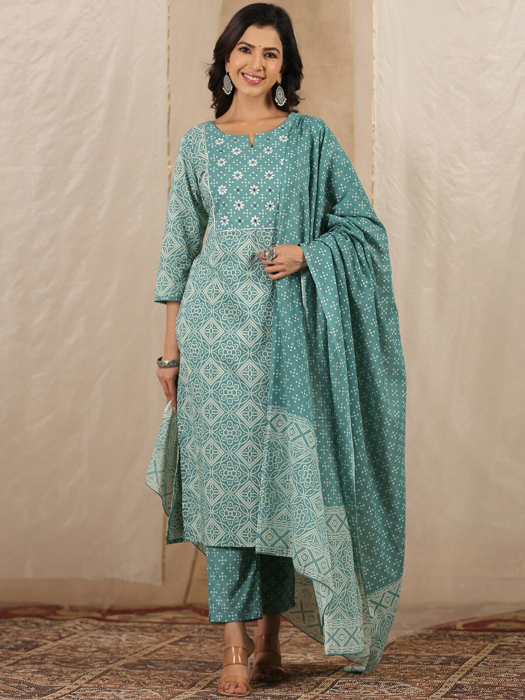 

RangDeep Ethnic Motifs Printed Pure Cotton Kurta With Trousers & Dupatta, Green