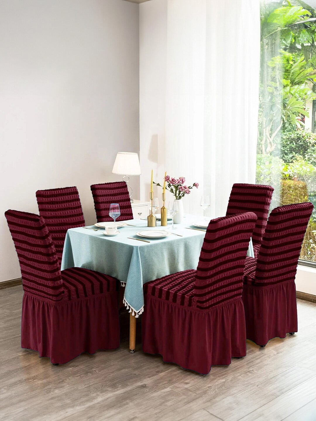 

Cortina Maroon 6 Pieces Striped Skirt Chair Covers