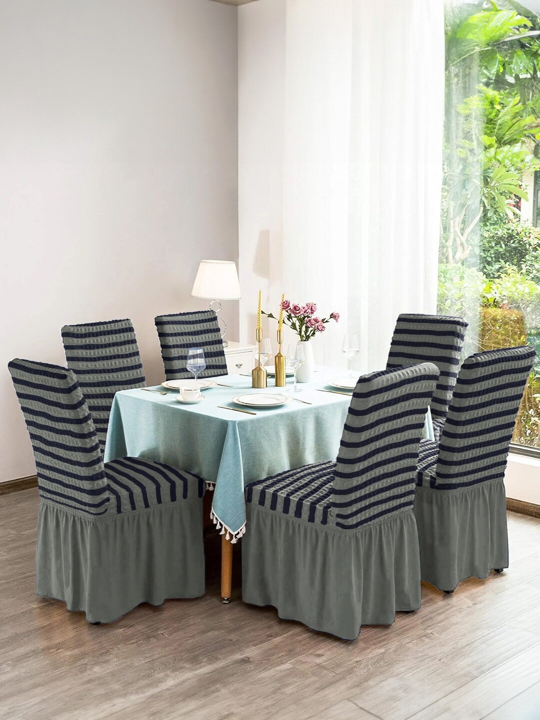 

Cortina Grey 6 Pieces Striped Comfortable Skirt Chair Covers