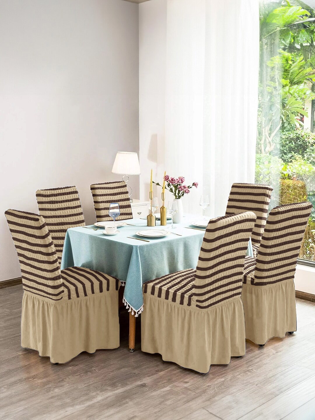 

Cortina Grey 6 Pieces Striped Comfortable Skirt Chair Covers, Cream