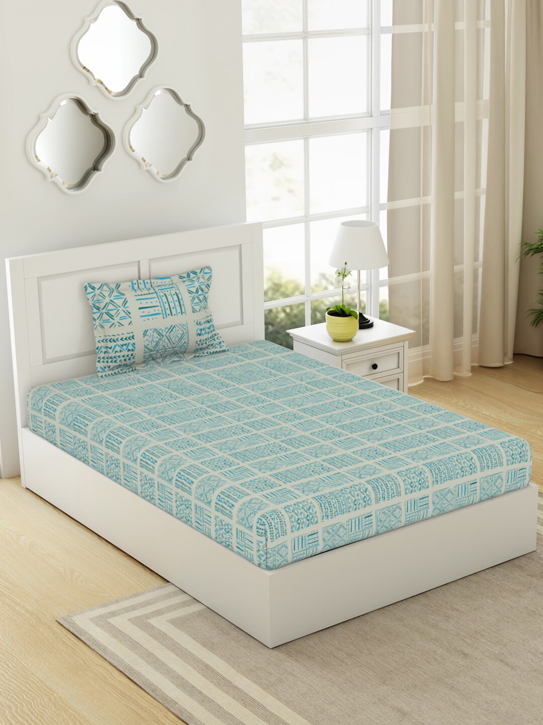 

SPACES Blue & White Geometric Cotton 144 TC Single Bedsheet With 1 Pillow Cover