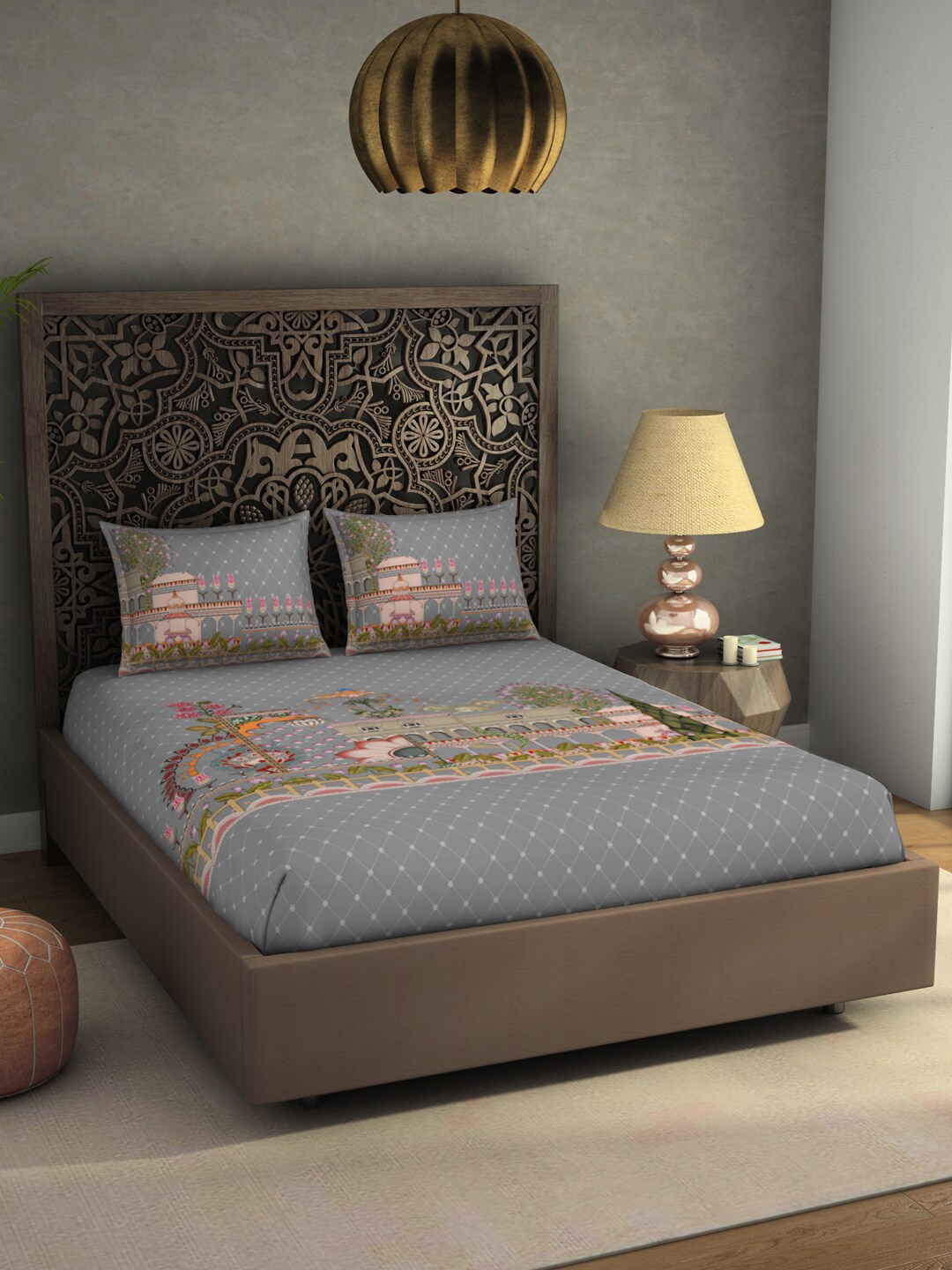 

SPACES Grey & Green Ethnic Motifs Cotton 300 TC King Bedsheet With 2 Pillow Covers