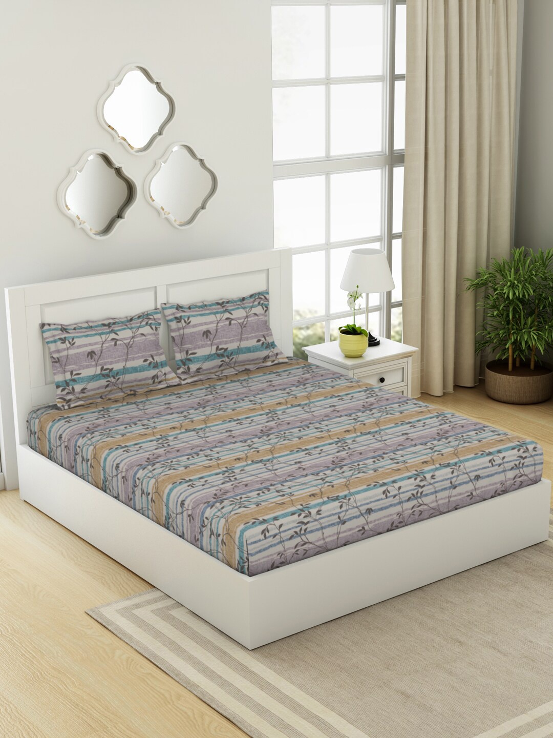 

SPACES White & Blue Ethnic Motifs Cotton 144 TC Queen Bedsheet With 2 Pillow Covers