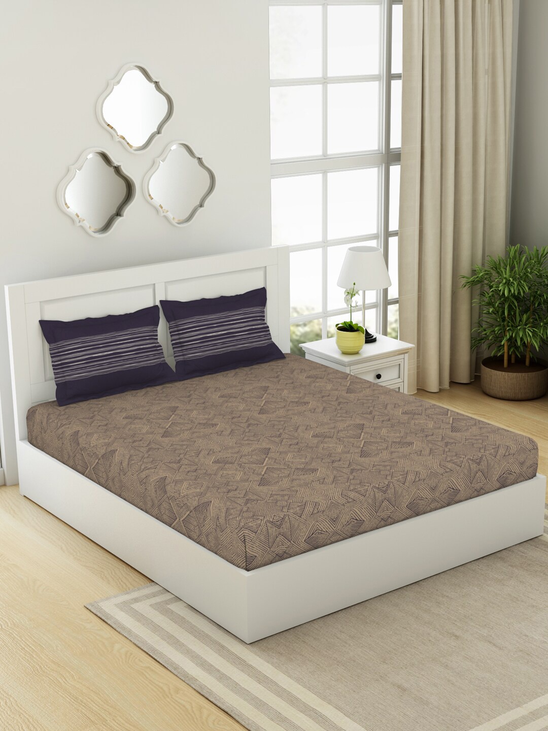 

SPACES Geospace Brown Geometric Cotton 144 TC Queen Bedsheet with 2 Pillow Covers