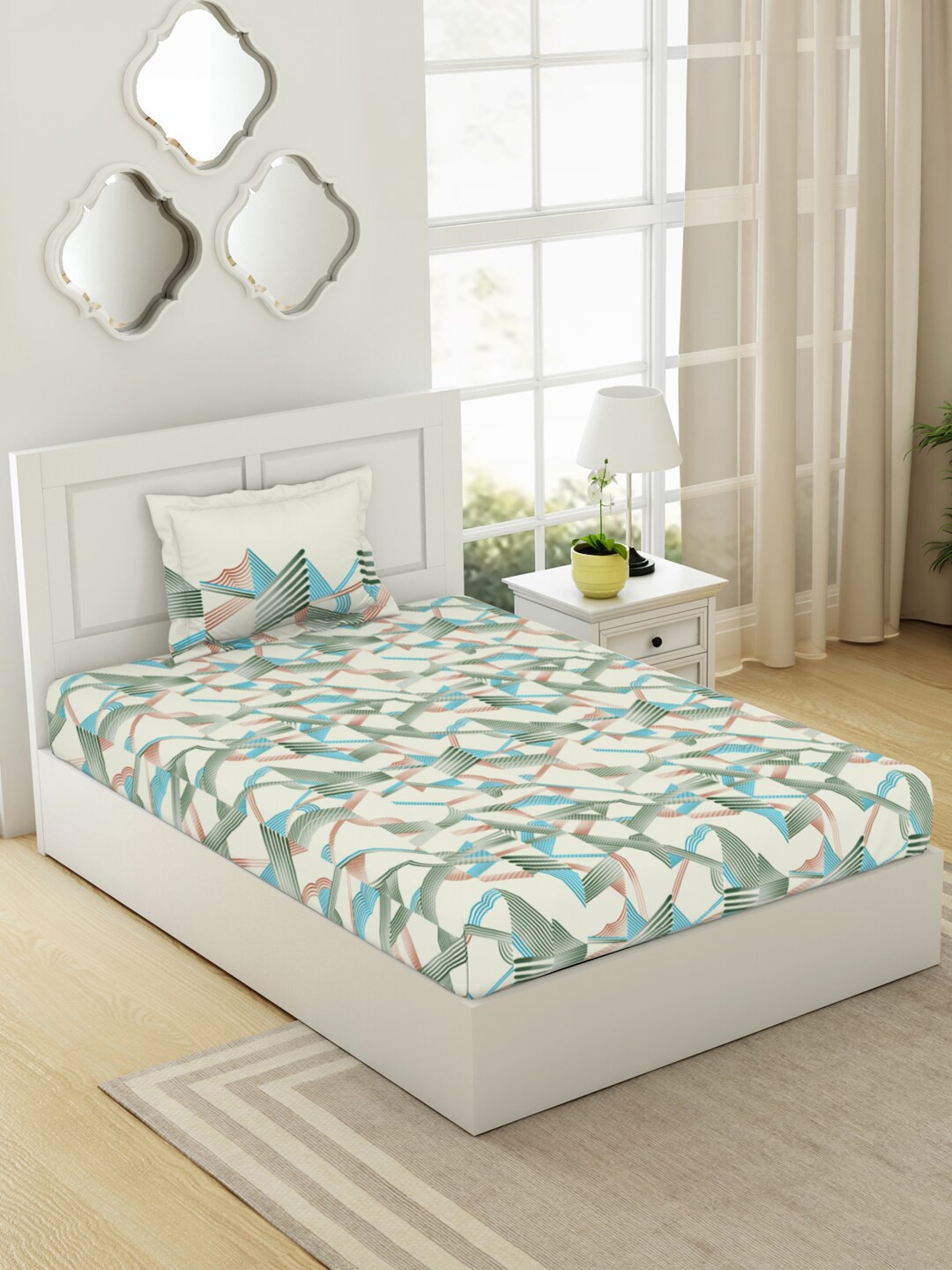 

SPACES Geospace White & Blue Abstract Pure Cotton 144 TC Single Bedsheet & 1 Pillow Cover