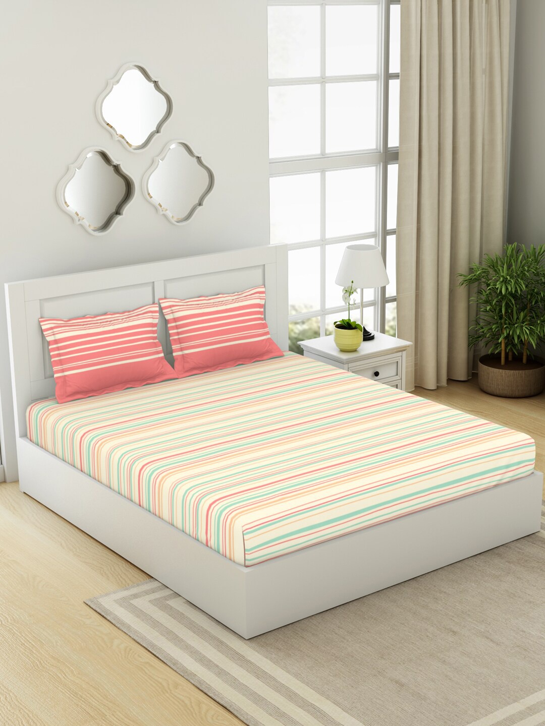 

SPACES Coral & White Striped Cotton 144 TC Queen Bedsheet With 2 Pillow Covers