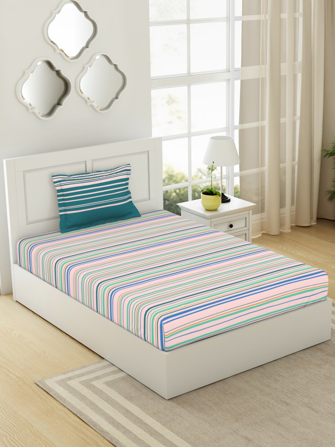 

SPACES Gypsy Pink & Blue Striped Cotton 144 TC Single Bedsheet with 1 Pillow Cover