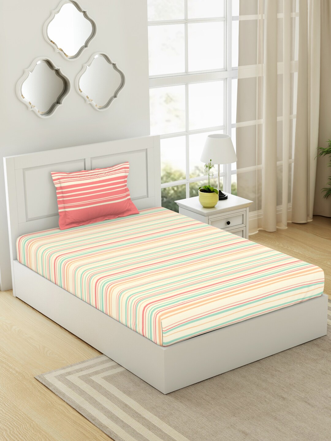 

SPACES Gypsy Coral & White Striped Cotton 144 TC Single Bedsheet with 1 Pillow Cover