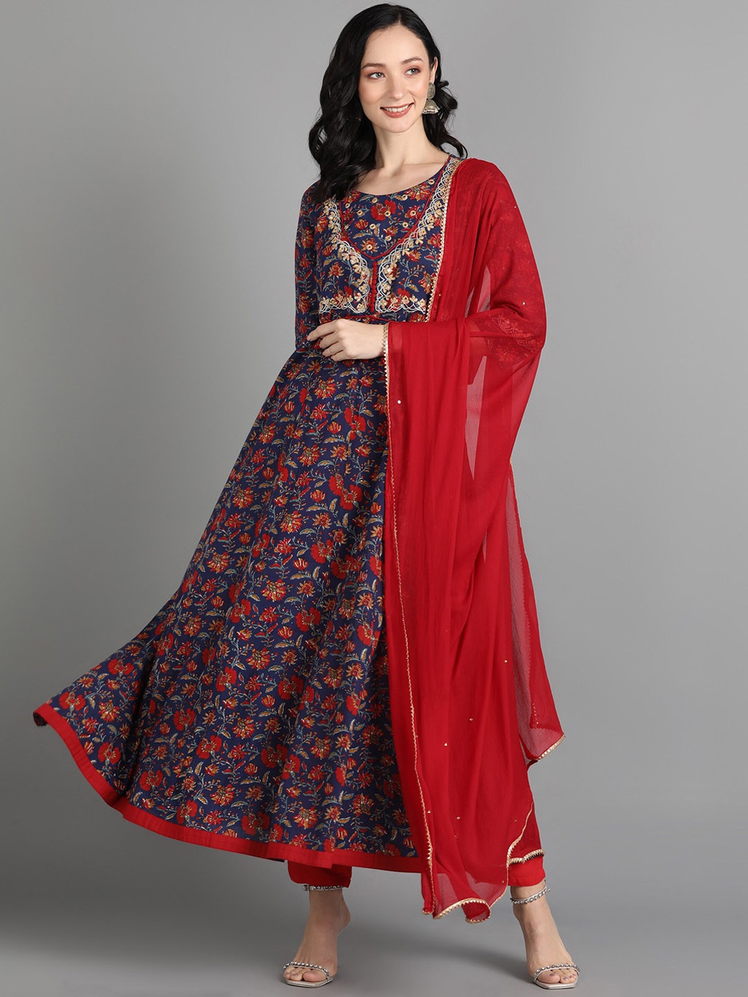 

KALINI Floral Printed Thread Work & Zari Anarkali Kurta With Trousers & Dupatta, Navy blue