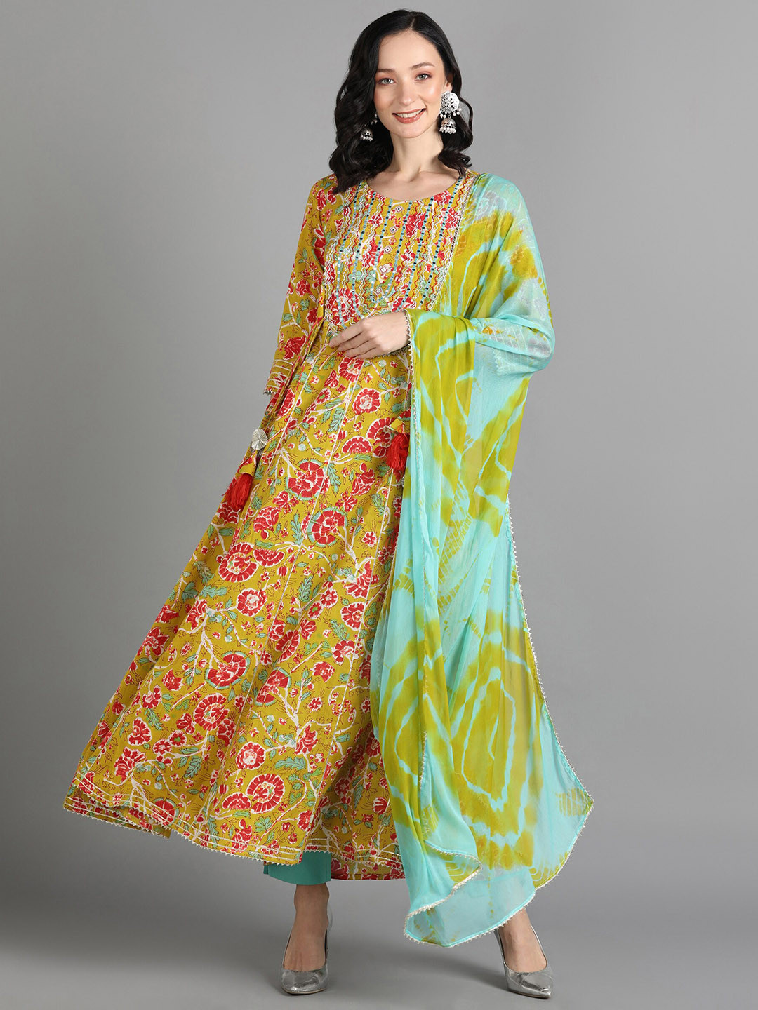 

KALINI Floral Printed Thread Work Anarkali Kurta & Trousers With Dupatta, Mustard