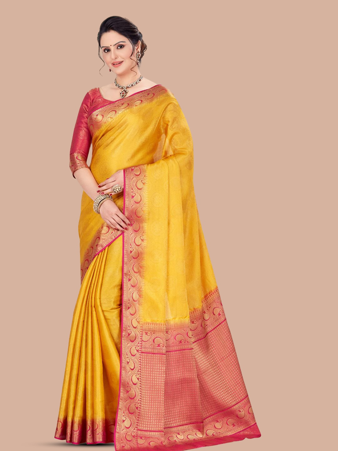 

MAGMINA Paisley Woven Design Zari Banarasi Saree, Yellow