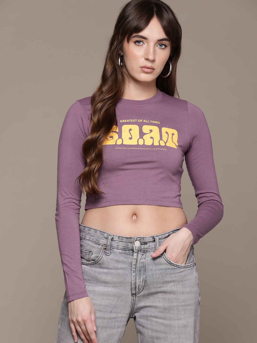 

The Roadster Lifestyle Co. Printed Slim Fit Crop T-shirt, Mauve
