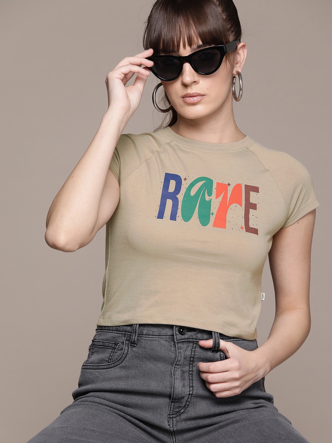 

The Roadster Lifestyle Co. Printed Cropped T-shirt, Beige