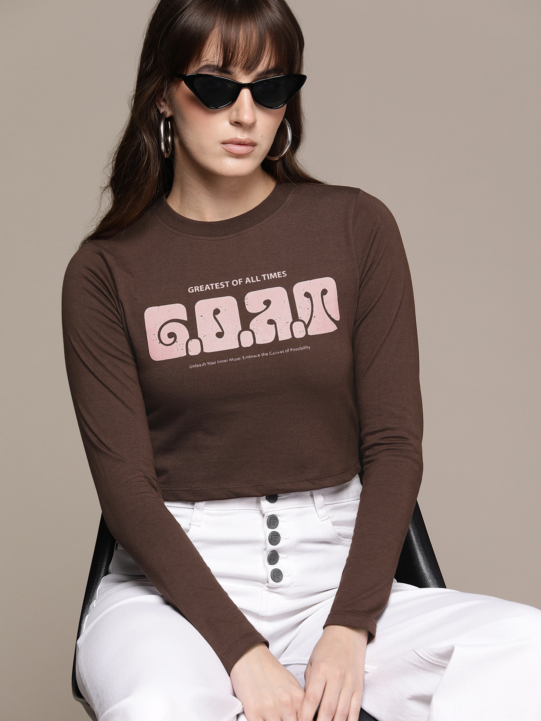 

The Roadster Lifestyle Co. Typography Printed Crop T-shirt, Brown