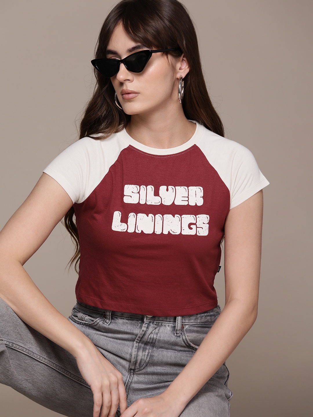 

The Roadster Lifestyle Co. Typography Printed Crop T-shirt, Brown