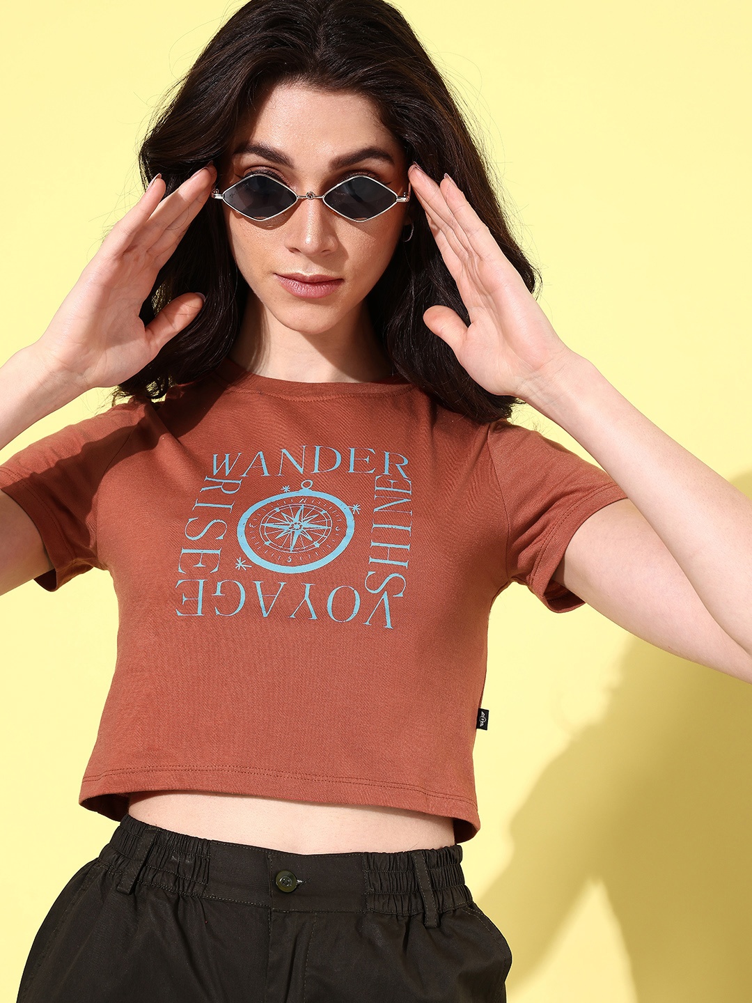 

The Roadster Lifestyle Co. Typography Printed Crop T-shirt, Brown