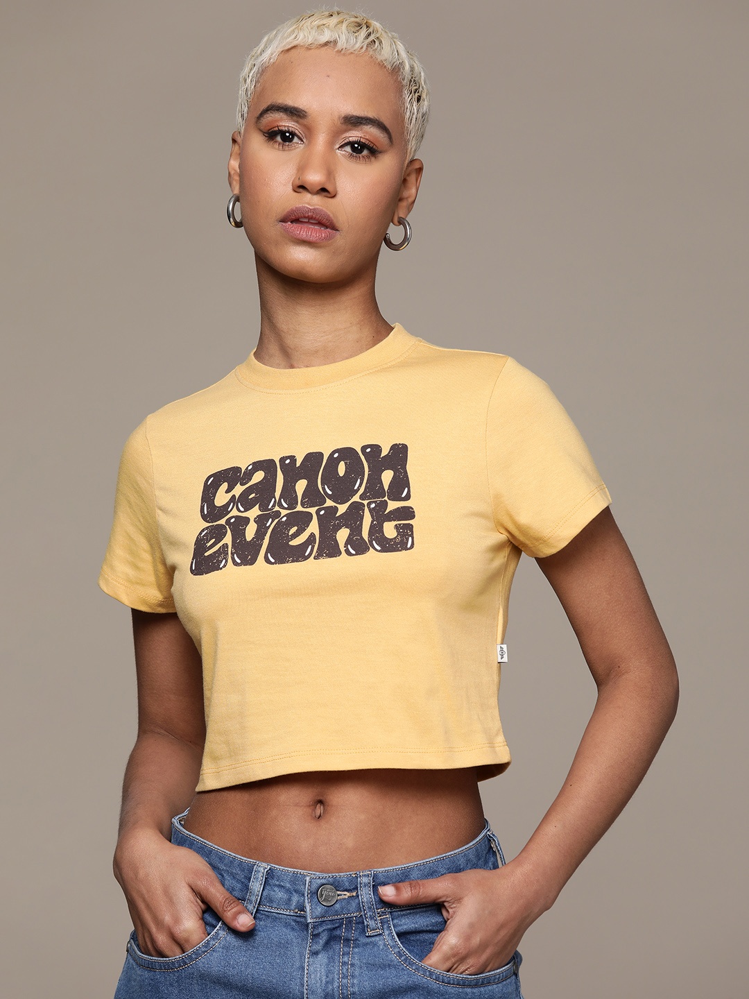 

The Roadster Lifestyle Co. Women Typography Printed Slim Fit Crop T-shirt, Yellow