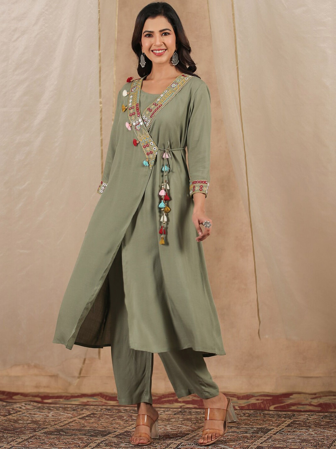 

Sangria Floral Embroidered A-Line Angrakha Kurta With Trouser, Green