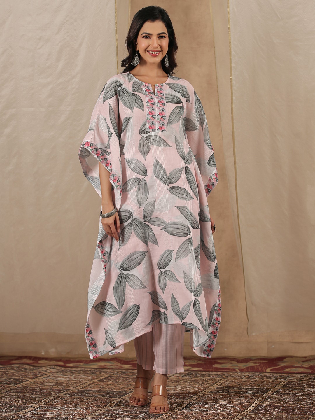 

Sangria Peach Floral Printed Sequinned Kaftan Kurta With Trousers