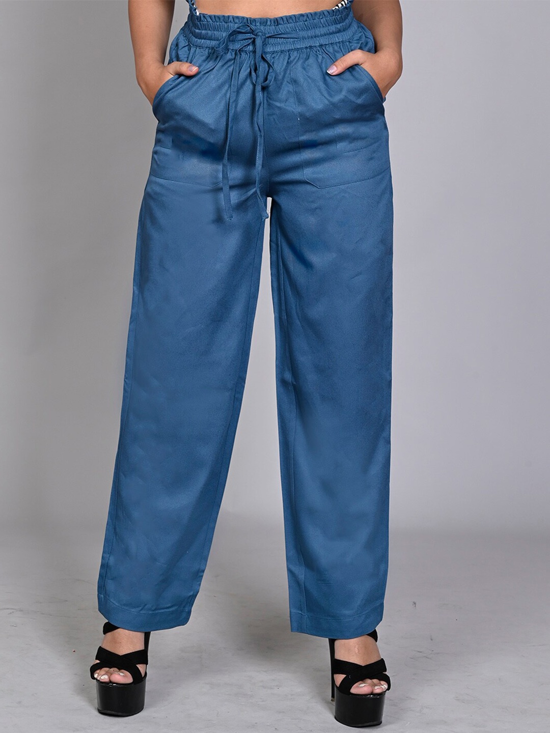 

IX IMPRESSION Women High Rise Easy Wash Cotton Parallel Trouser, Blue