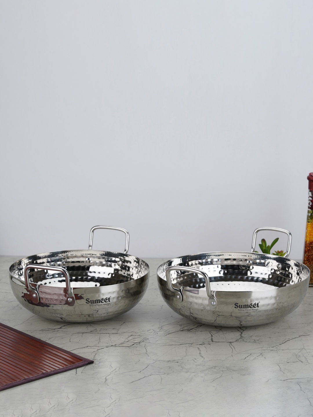 

Sumeet Grey 2 Pieces Dishwasher Safe Stainless Steel Kadhai Cookware, Silver