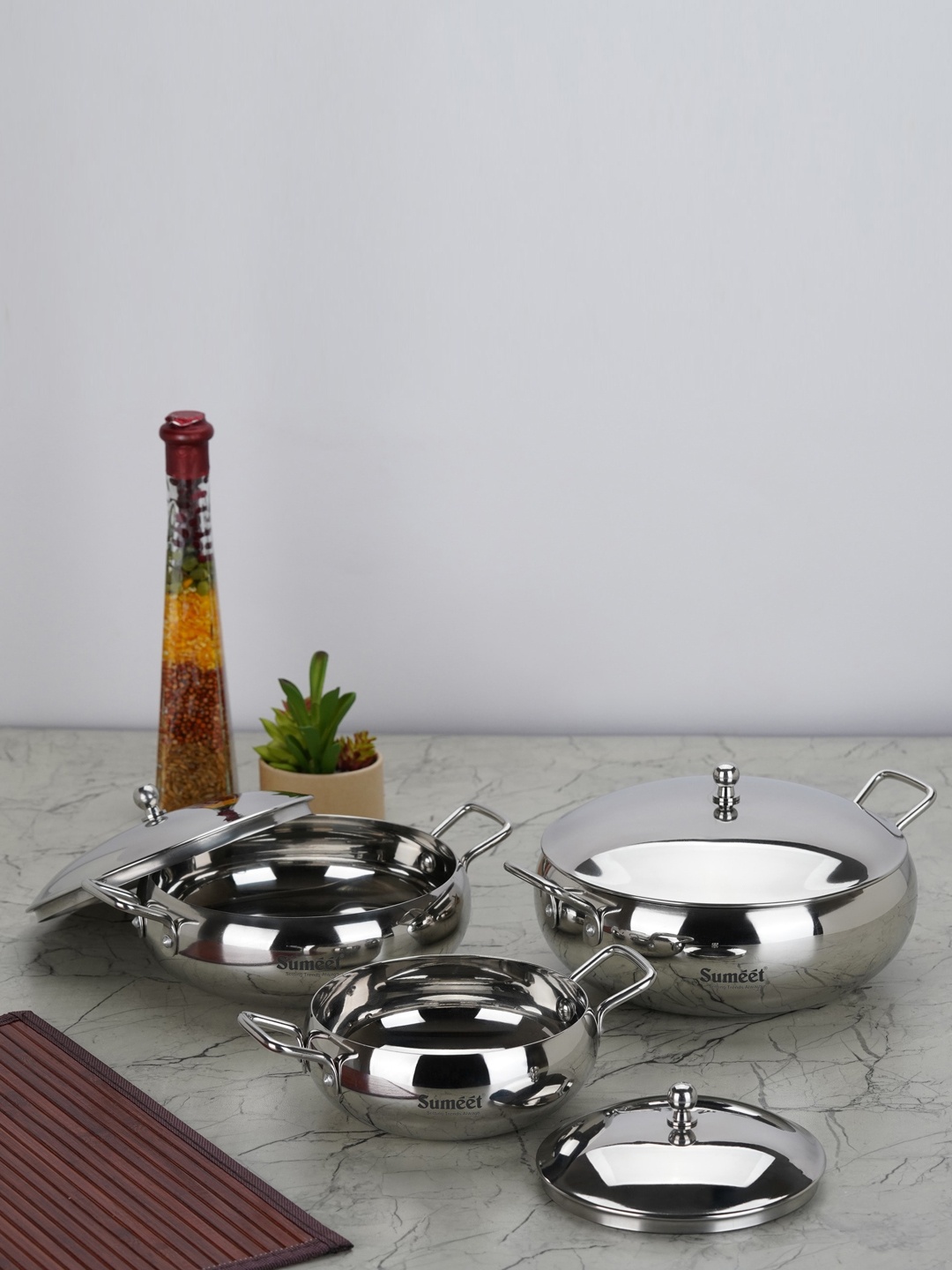 

Sumeet Grey 3-Pieces Dishwasher Safe Stainless Steel Kadhai Cookware, Silver