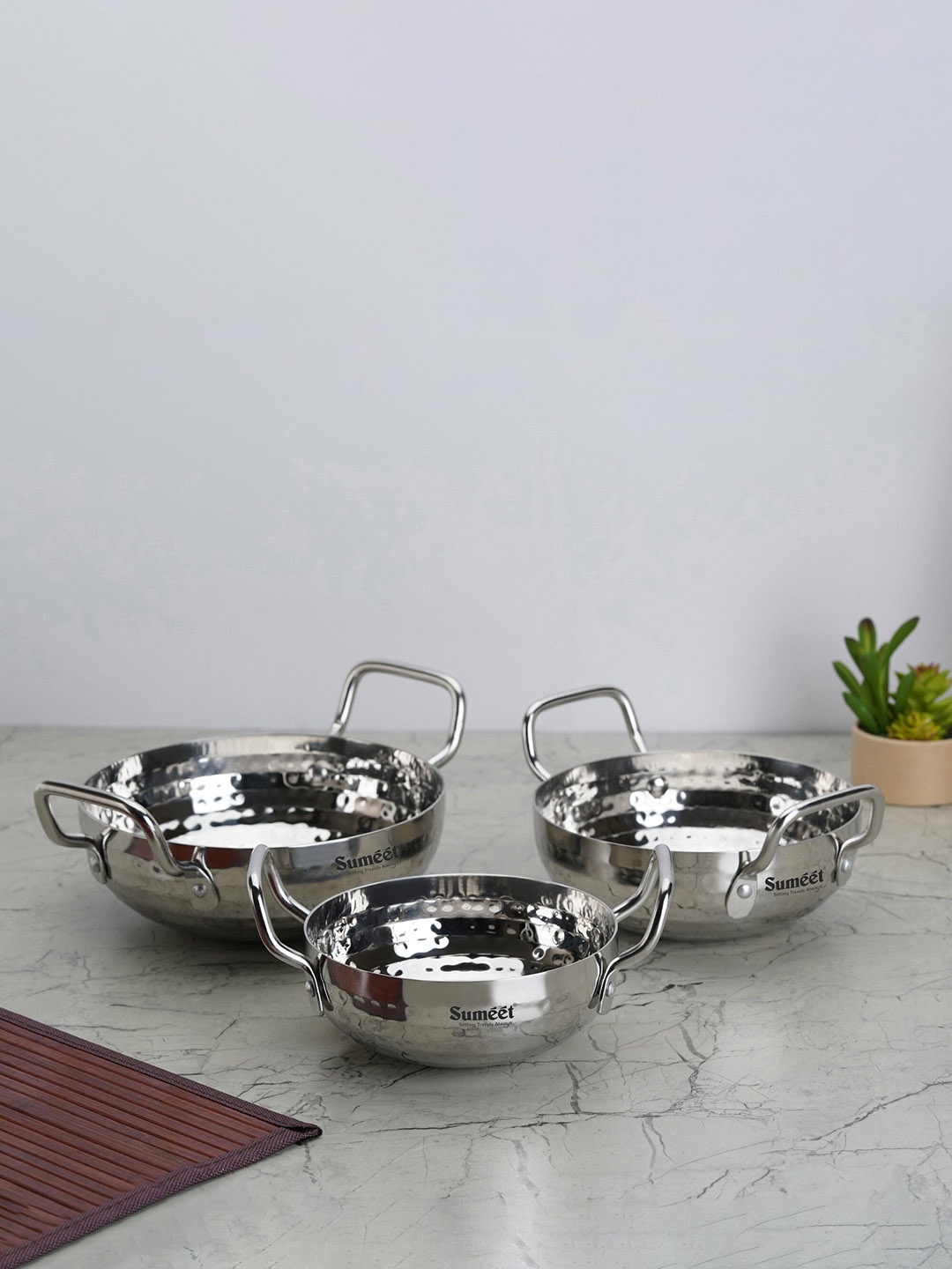 

Sumeet 3 Pcs Silver-Toned Dishwasher Safe Stainless Steel Kadhai Cookware