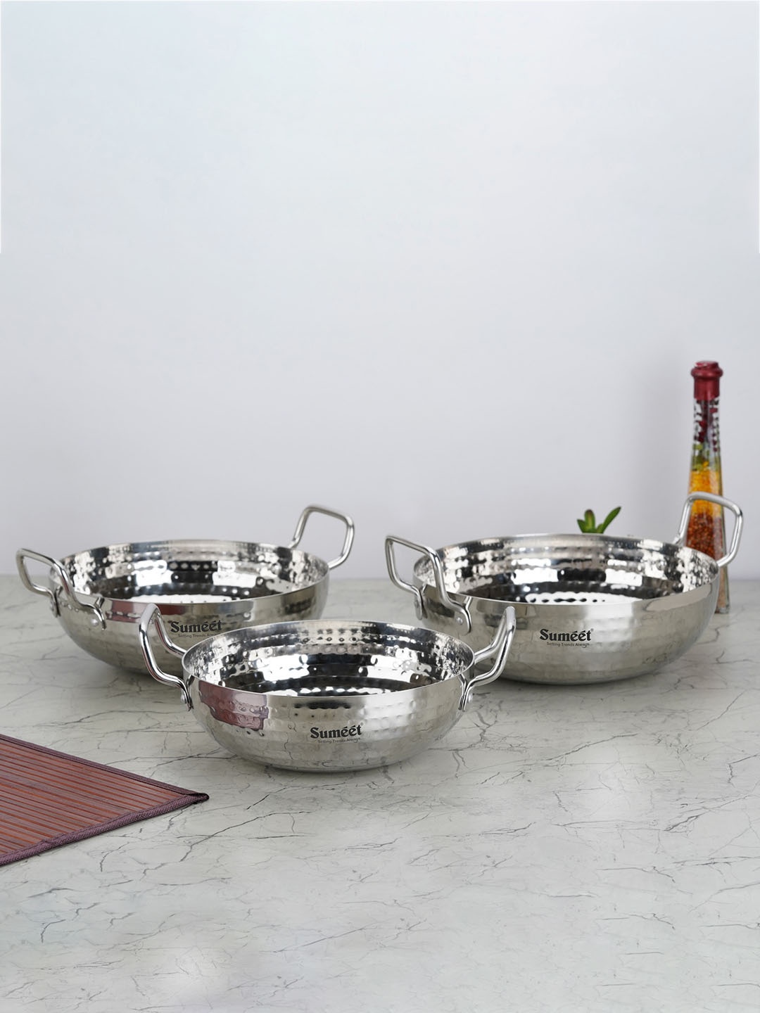 

Sumeet Grey 3-Pieces Dishwasher Safe Stainless Steel Kadhai Cookware, Silver