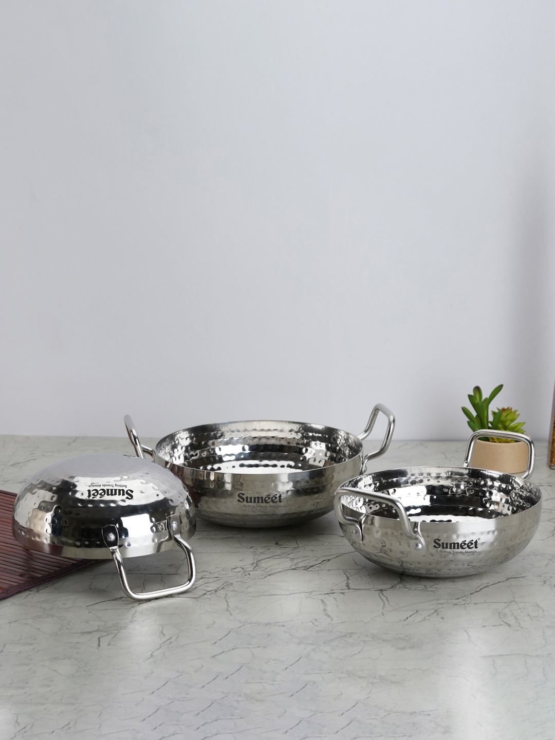 

Sumeet Grey 3 Pieces Dishwasher Safe Stainless Steel Kadhai Cookware, Silver
