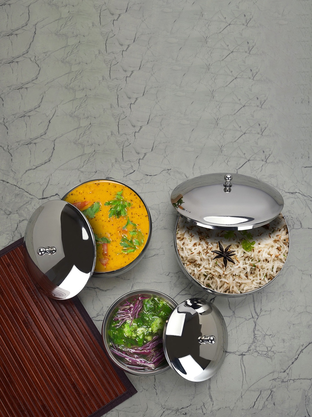 

Sumeet 3 Pcs Dishwasher Safe Stainless Steel Handi Set With Lid & Handle, Silver