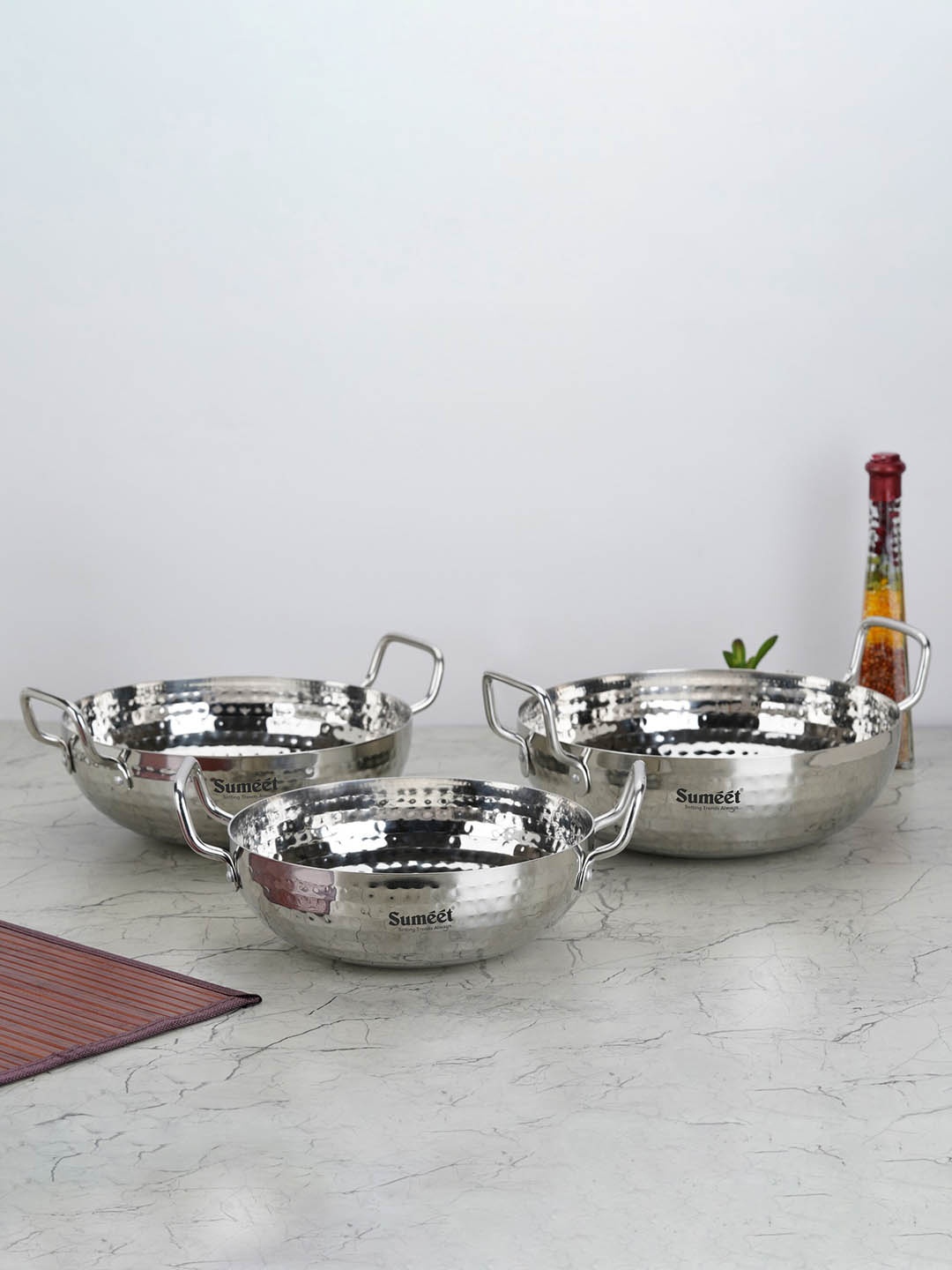 

Sumeet 3 Pcs Dishwasher Safe Stainless Steel Kadhai Cookware, Silver